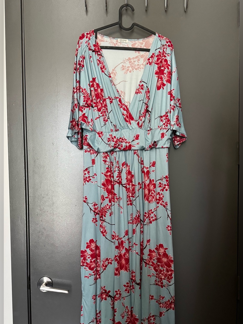 Kiyonna Light Blue and Red Cherry Blossom Maxi Dress